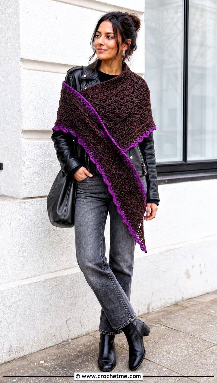 Brown Asymmetrical Crochet Shawl With Leather Jacket - 15 Brown Crochet Shawl outfit ideas