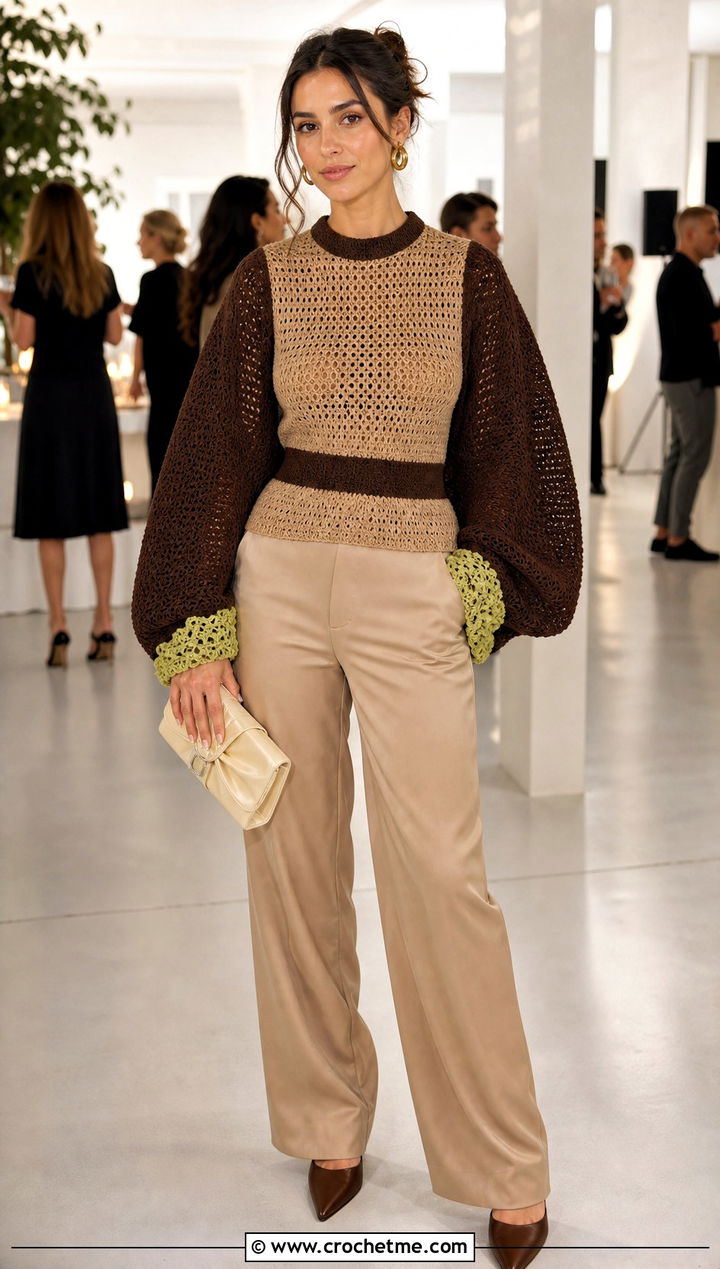 Brown Balloon Sleeve Crochet Sweater With Satin Pants - 25 Brown And Beige Crochet Sweater outfit ideas