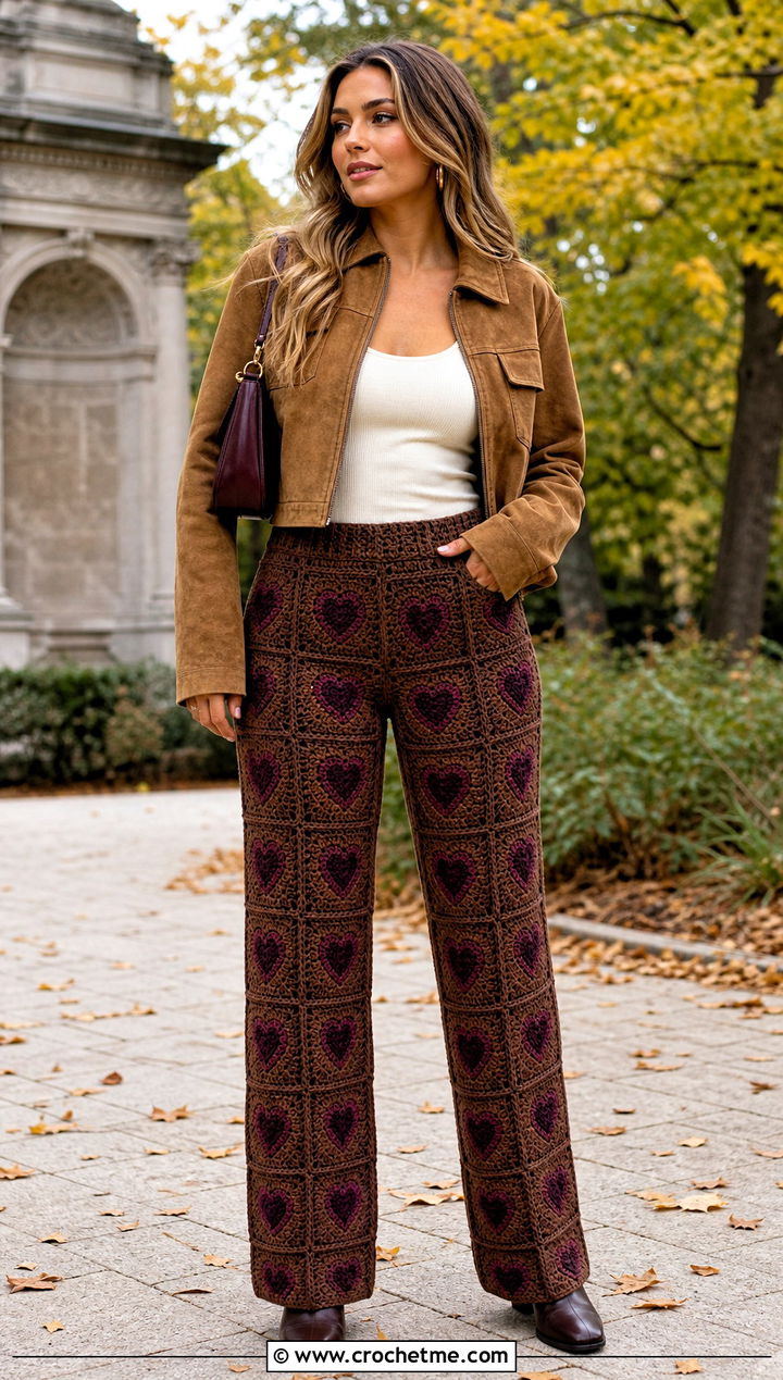 Brown Base Heart Granny Square Pants With Suede Jacket - 30 heart granny square pants outfit ideas