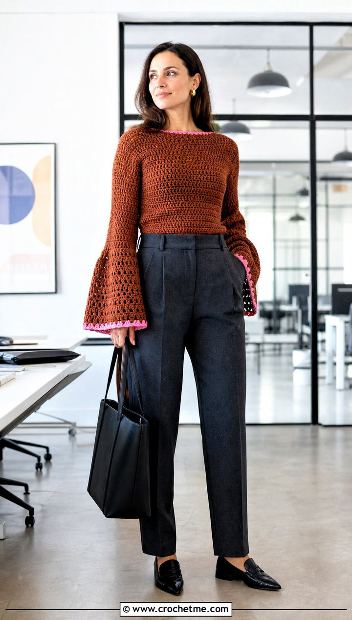 Brown Bell Sleeve Crochet Sweater With Tailored Trousers - 15 brown crochet sweater outfit ideas