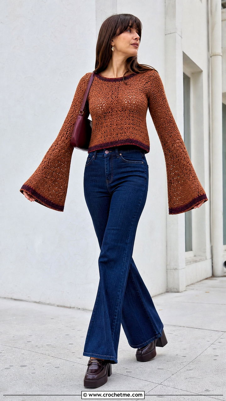 Brown Bell Sleeve Crochet Top With Flared Jeans - 35 crochet brown top outfit ideas