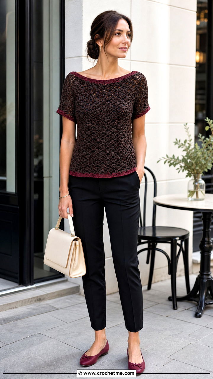 Brown Boat Neck Crochet Top With Cigarette Pants - 35 crochet brown top outfit ideas
