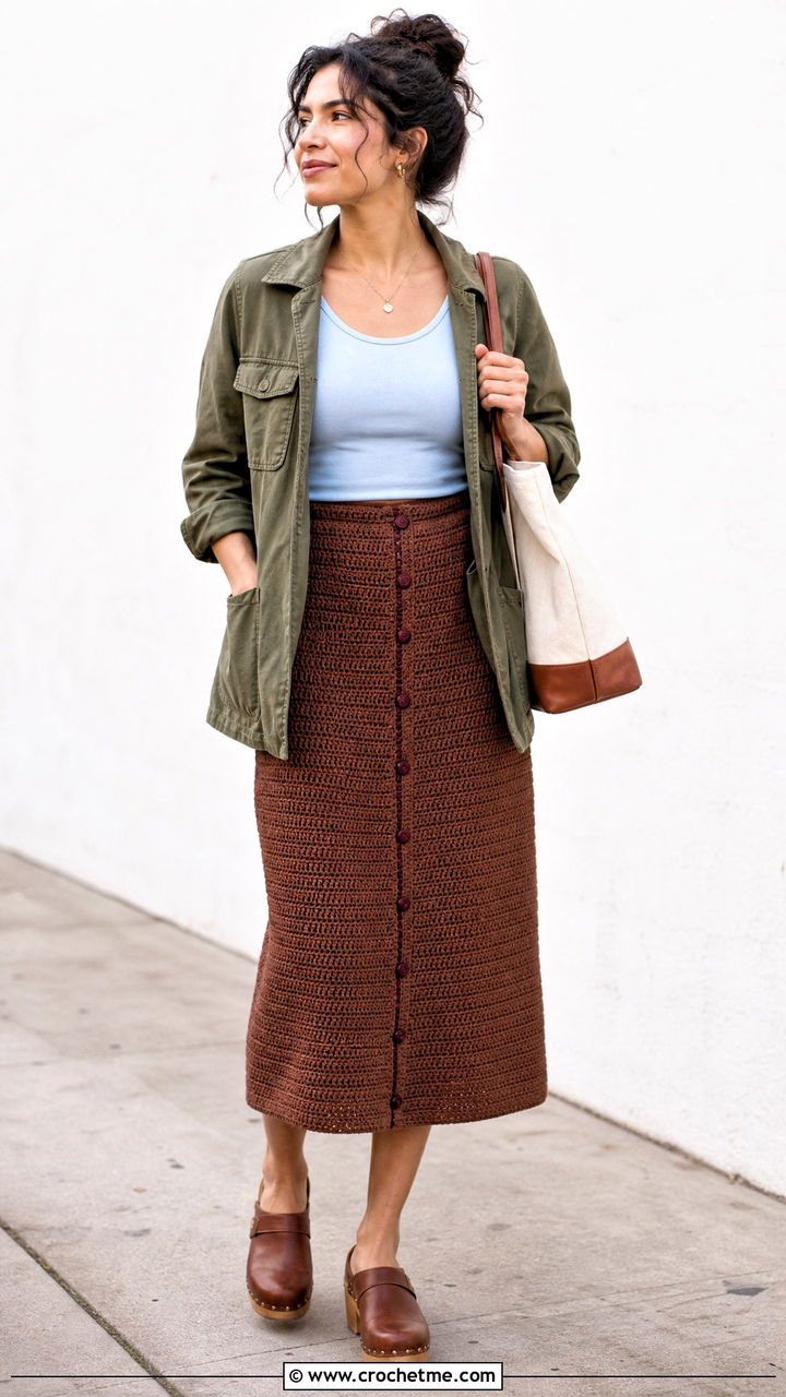 Brown Button Front Crochet Midi Skirt With Utility Jacket - 35 brown crochet skirt outfit ideas