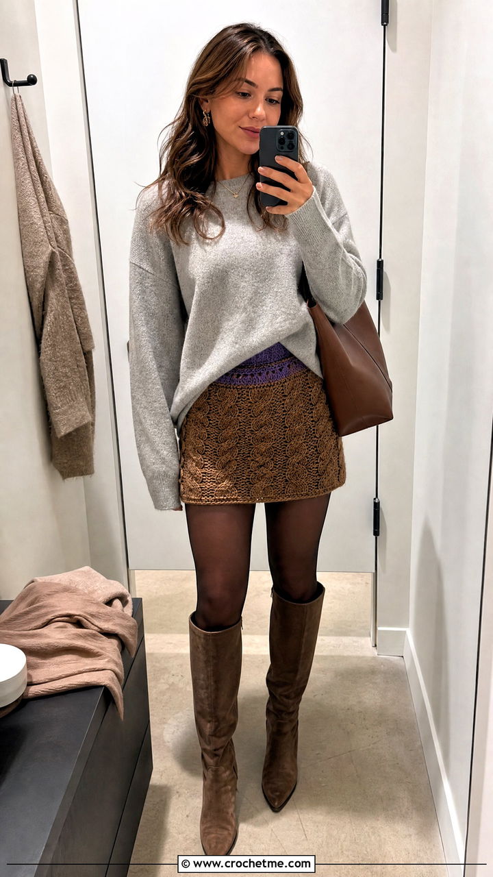 Brown Cable Texture Crochet Mini Skirt With Oversized Sweater - 35 brown crochet skirt outfit ideas