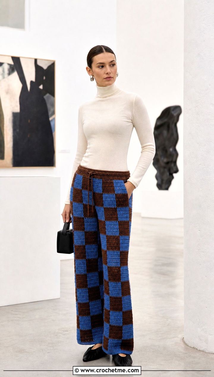 Brown Checkerboard Crochet Pants With Turtleneck - 30 brown crochet pants outfit ideas