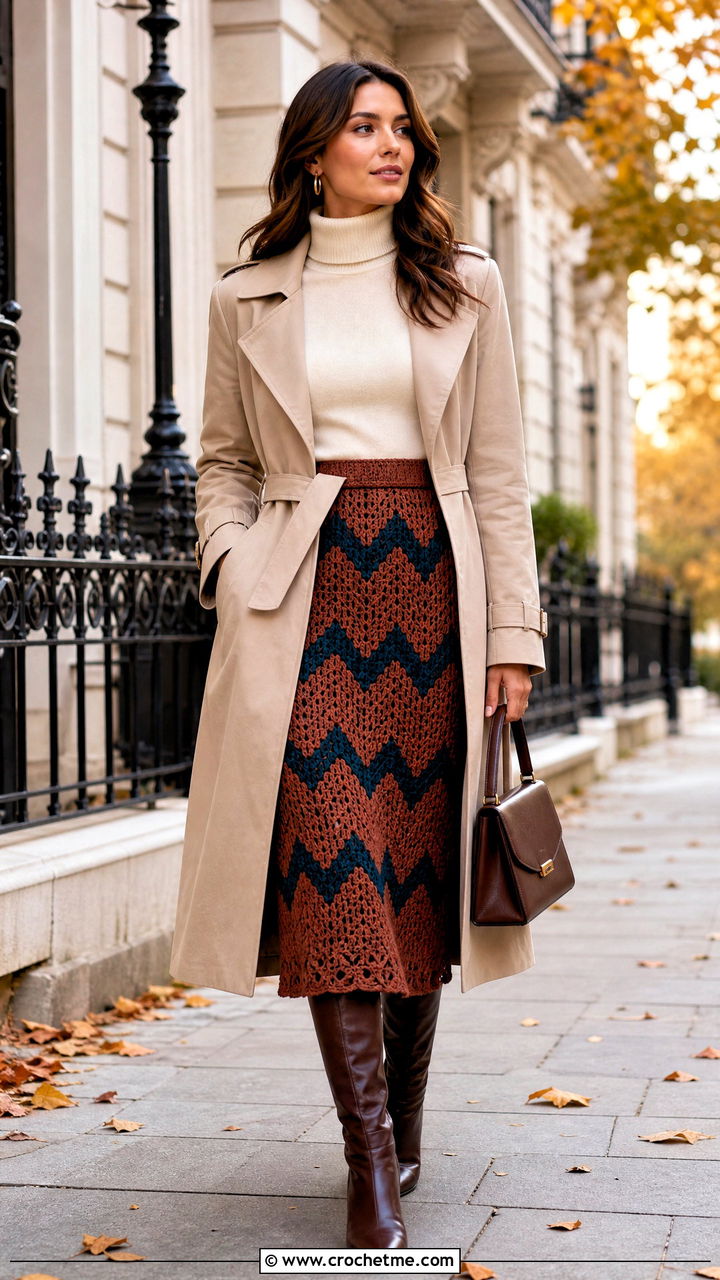 Brown Chevron Crochet Midi Skirt With Turtleneck - 35 brown crochet skirt outfit ideas