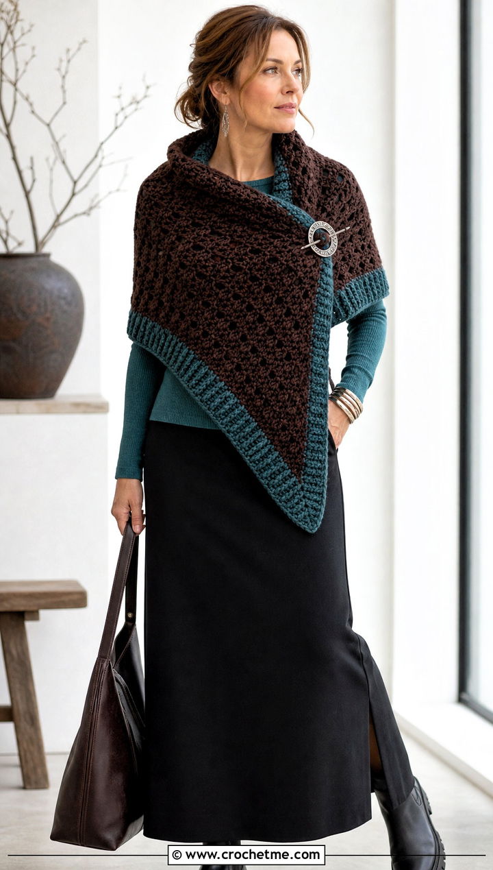 Brown Chunky Crochet Wrap Shawl With Maxi Skirt - 15 Brown Crochet Shawl outfit ideas