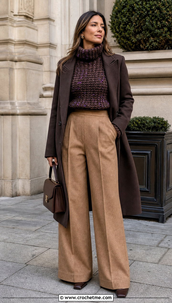 Brown Chunky Turtleneck Crochet Sweater With Wide Leg Trousers - 15 brown crochet sweater outfit ideas