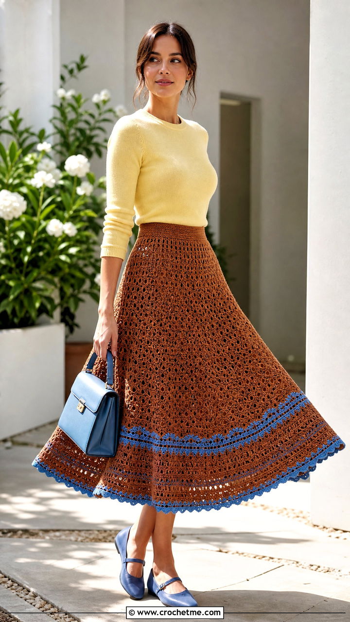Brown Circle Crochet Midi Skirt With Fitted Crewneck Sweater - 35 brown crochet skirt outfit ideas
