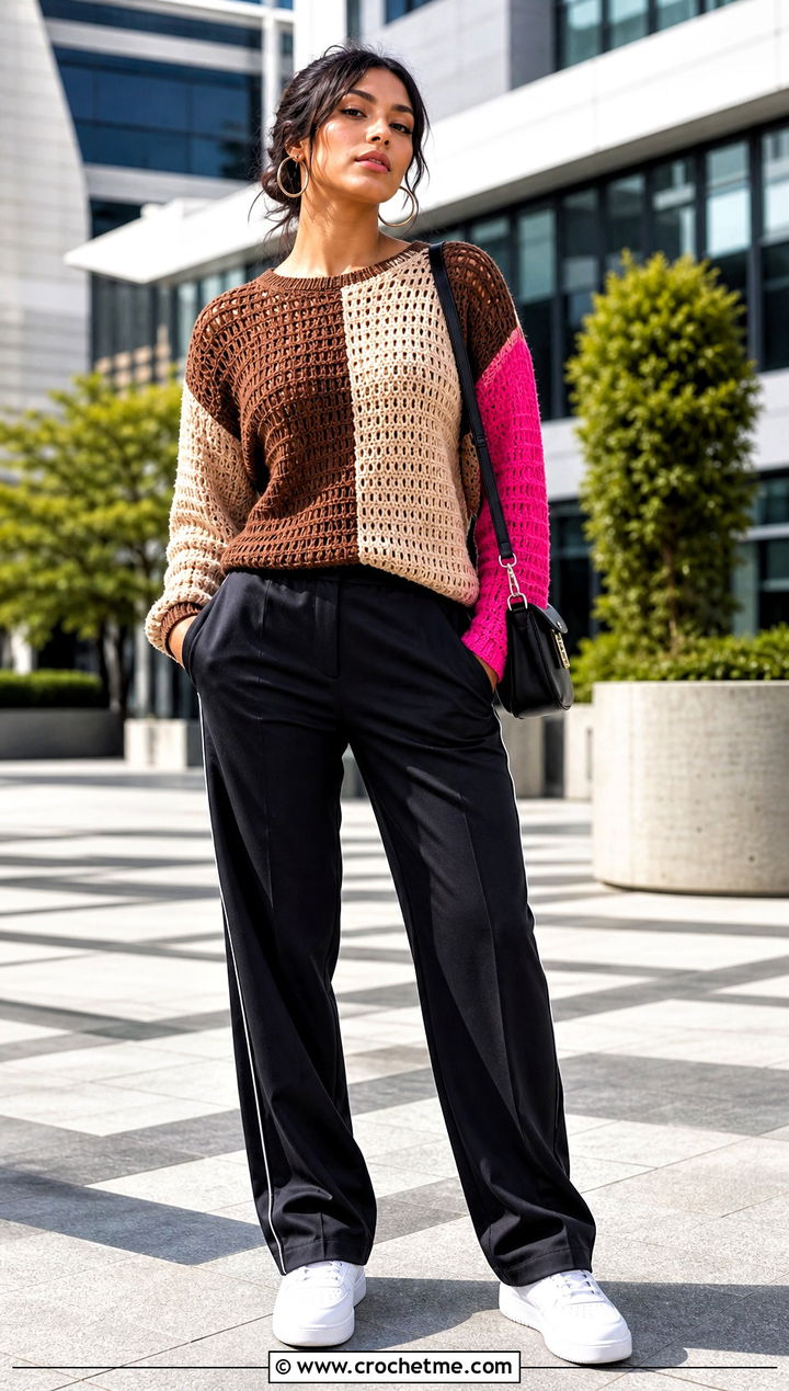 Brown Color Block Crochet Sweater With Track Pants - 25 Brown And Beige Crochet Sweater outfit ideas