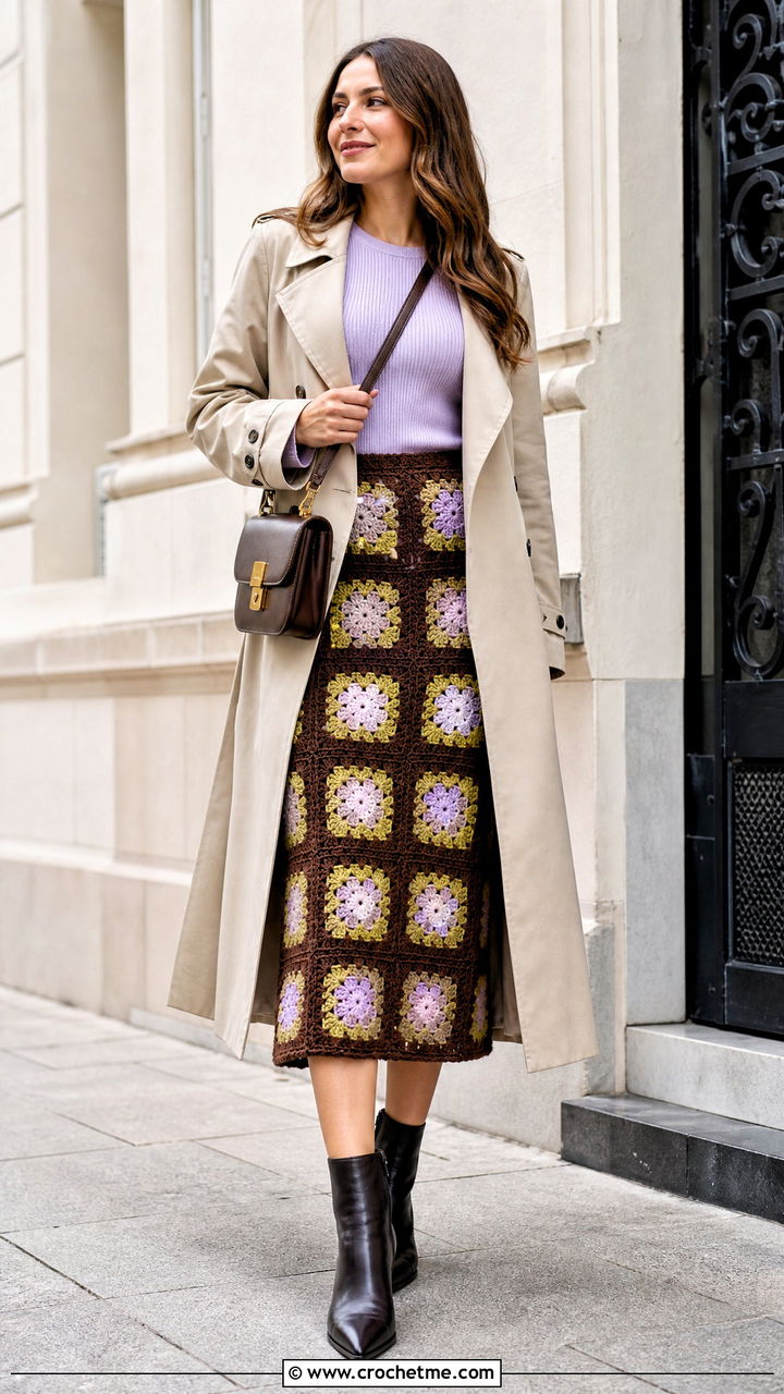 Brown Color Block Granny Crochet Midi Skirt With Trench Coat - 35 brown crochet skirt outfit ideas