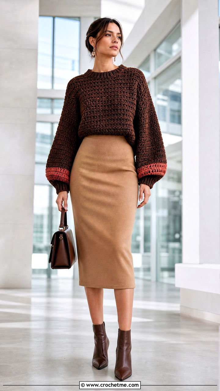 Brown Crochet Balloon Sleeve Sweater With Pencil Skirt - 35 crochet brown sweater outfit ideas
