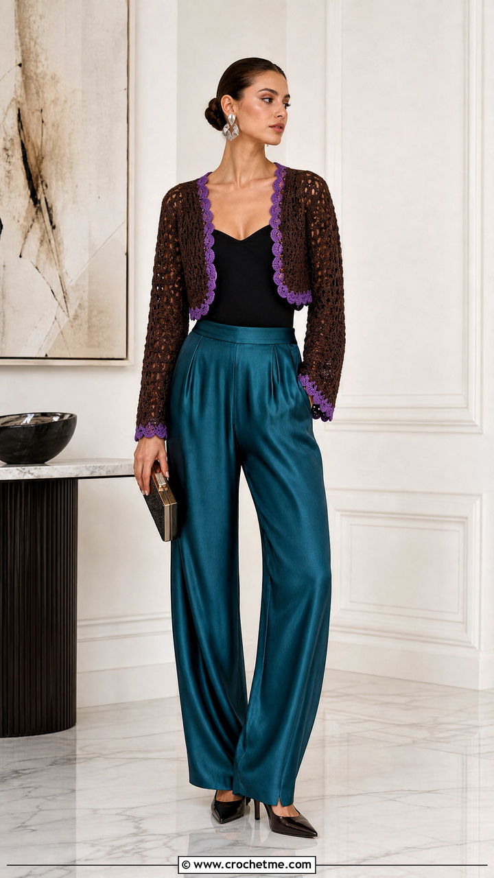 Brown Crochet Bolero Cardigan With Satin Pants - 35 Brown Crochet Cardigan outfit ideas