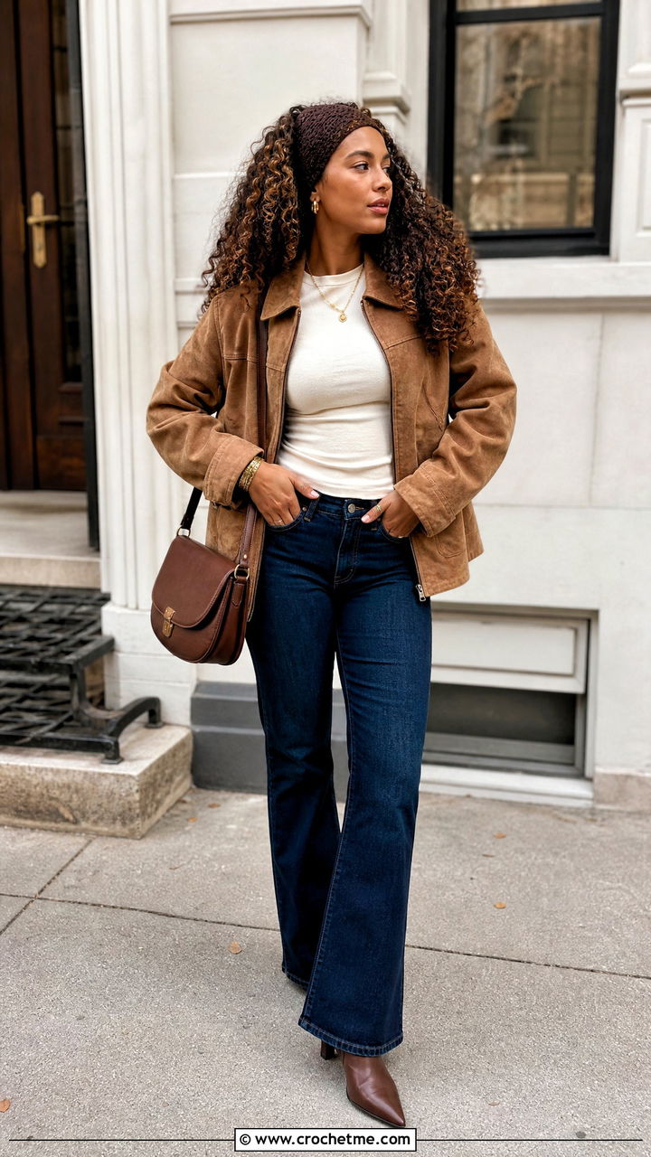 Brown Crochet Headband With Suede Jacket And Bootcut Jeans - 35 crochet headband outfit ideas