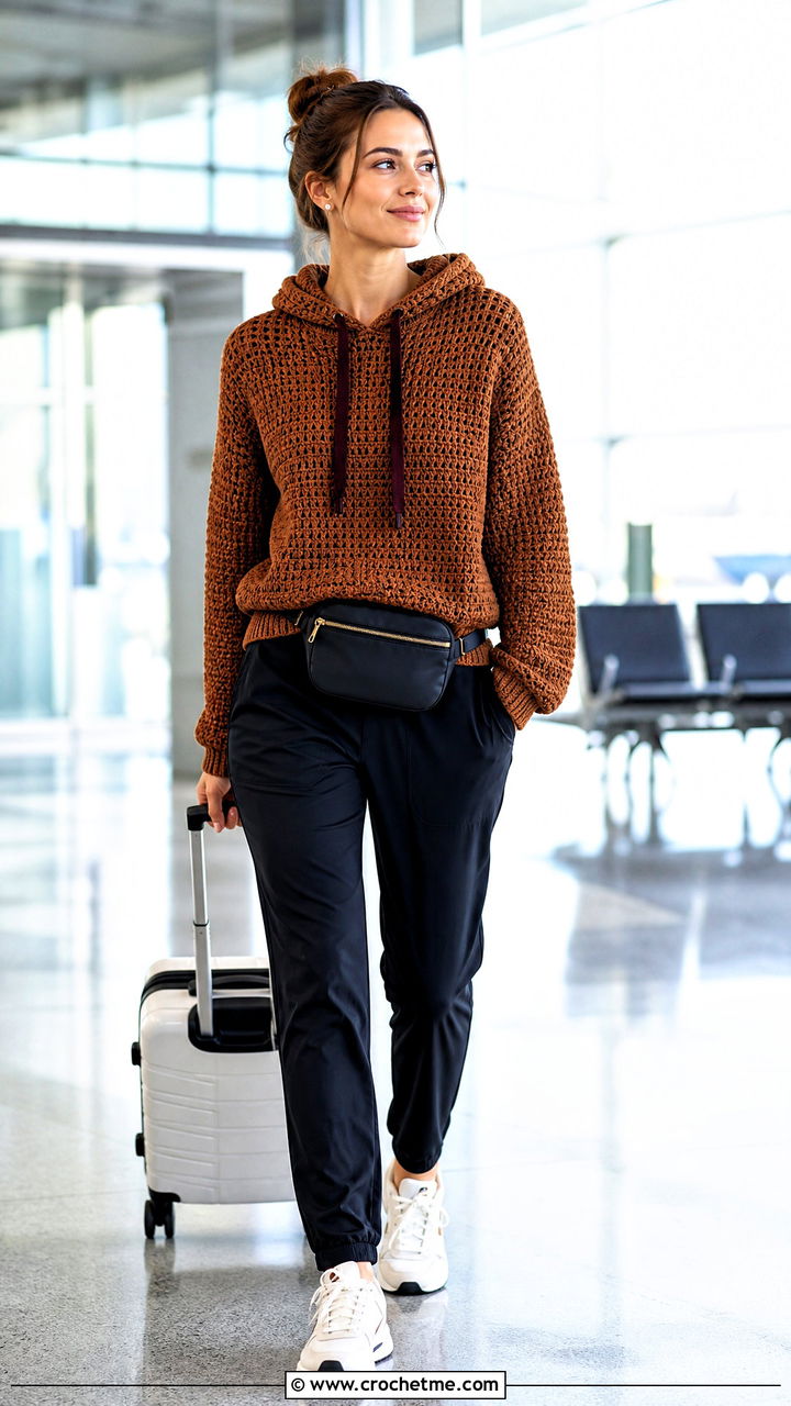 Brown Crochet Hoodie Sweater With Track Pants - 35 crochet brown sweater outfit ideas