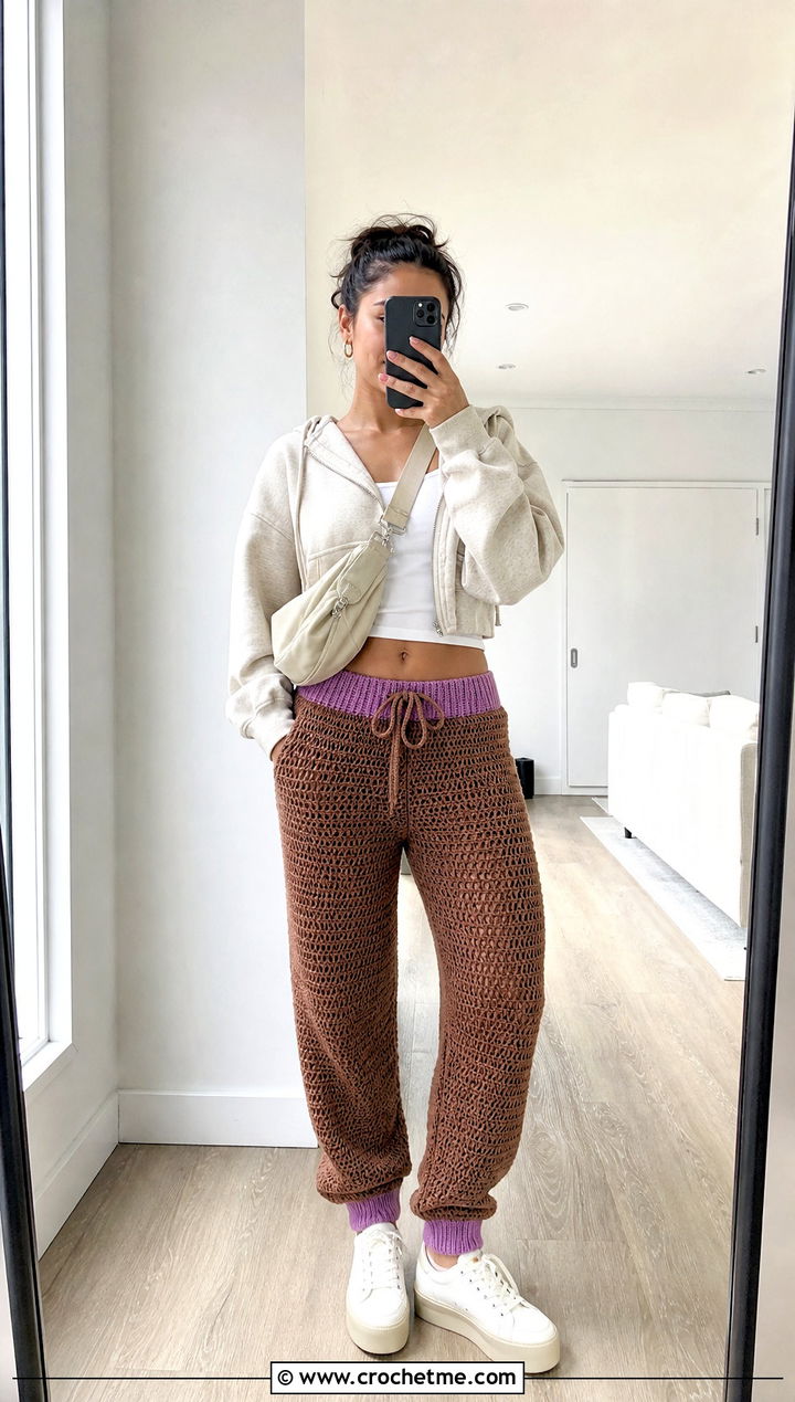 Brown Crochet Jogger Pants With Cropped Hoodie - 30 brown crochet pants outfit ideas