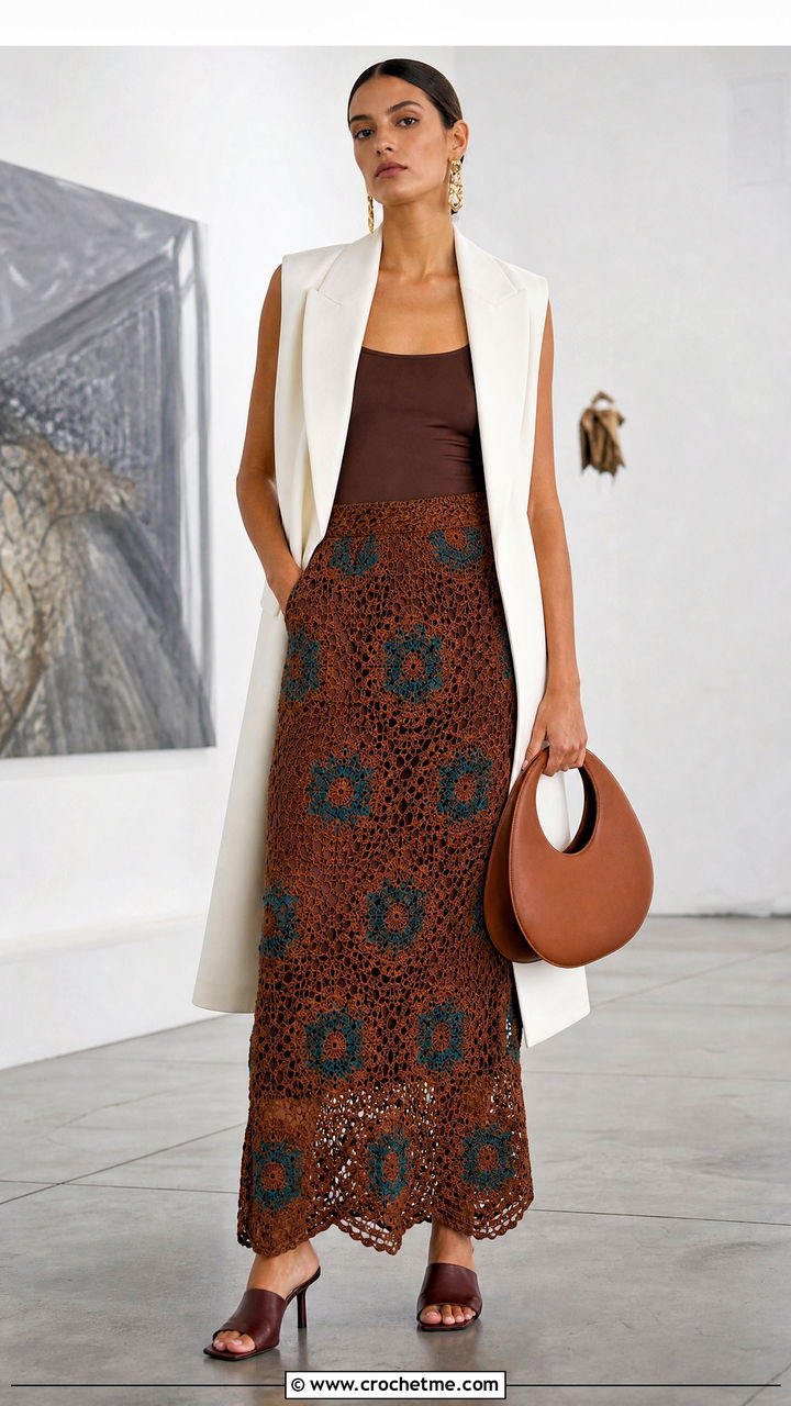 Brown Crochet Lace Maxi Skirt With Longline Vest - 35 brown crochet skirt outfit ideas