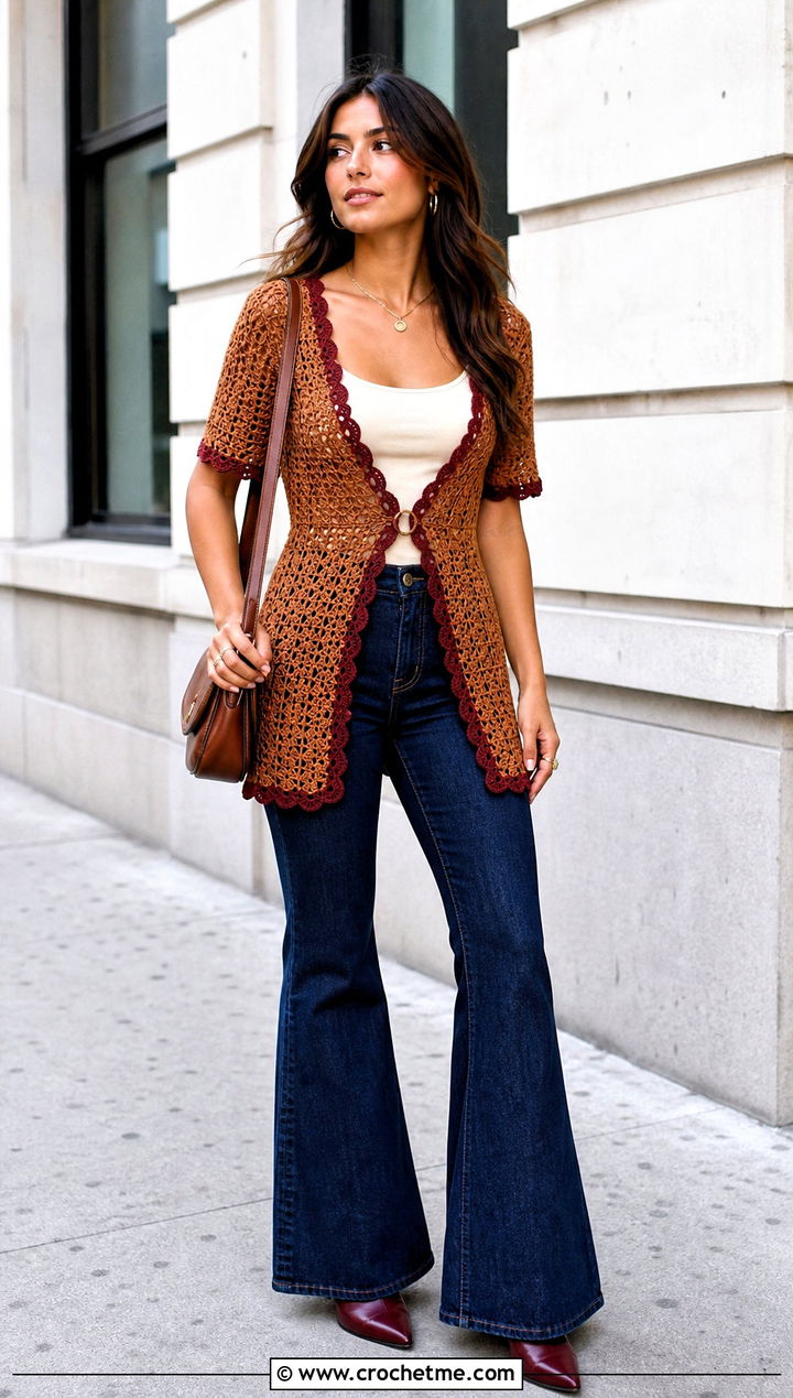 Brown Crochet Mini Dress Cover Up With Flared Jeans - 25 brown crochet cover up outfit ideas