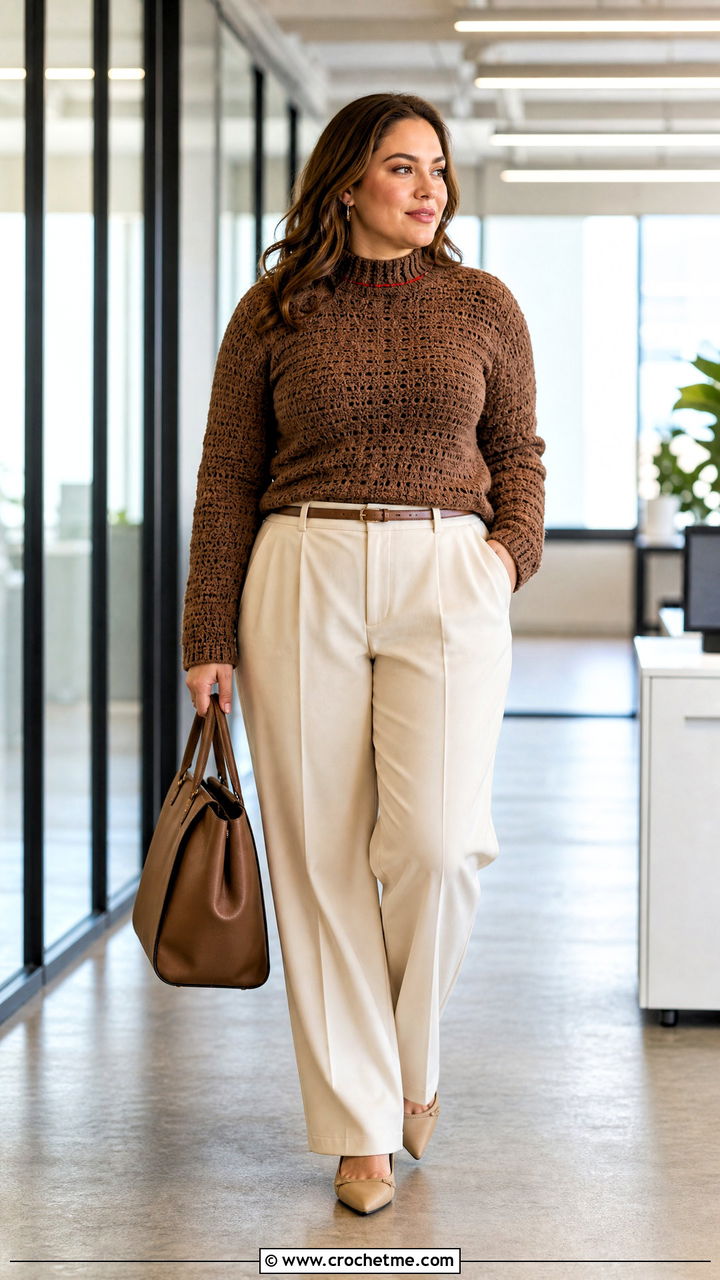 Brown Crochet Mock Neck Sweater With Pleated Trousers - 35 crochet brown sweater outfit ideas
