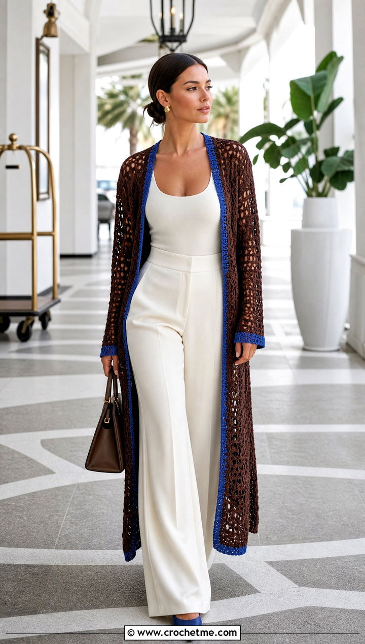 Brown Crochet Open Front Cardigan Cover Up With Wide Leg Pants - 25 brown crochet cover up outfit ideas