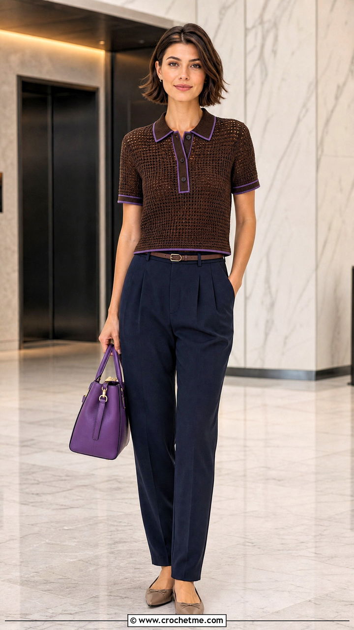 Brown Crochet Polo Top With Pleated Trousers - 35 crochet brown top outfit ideas