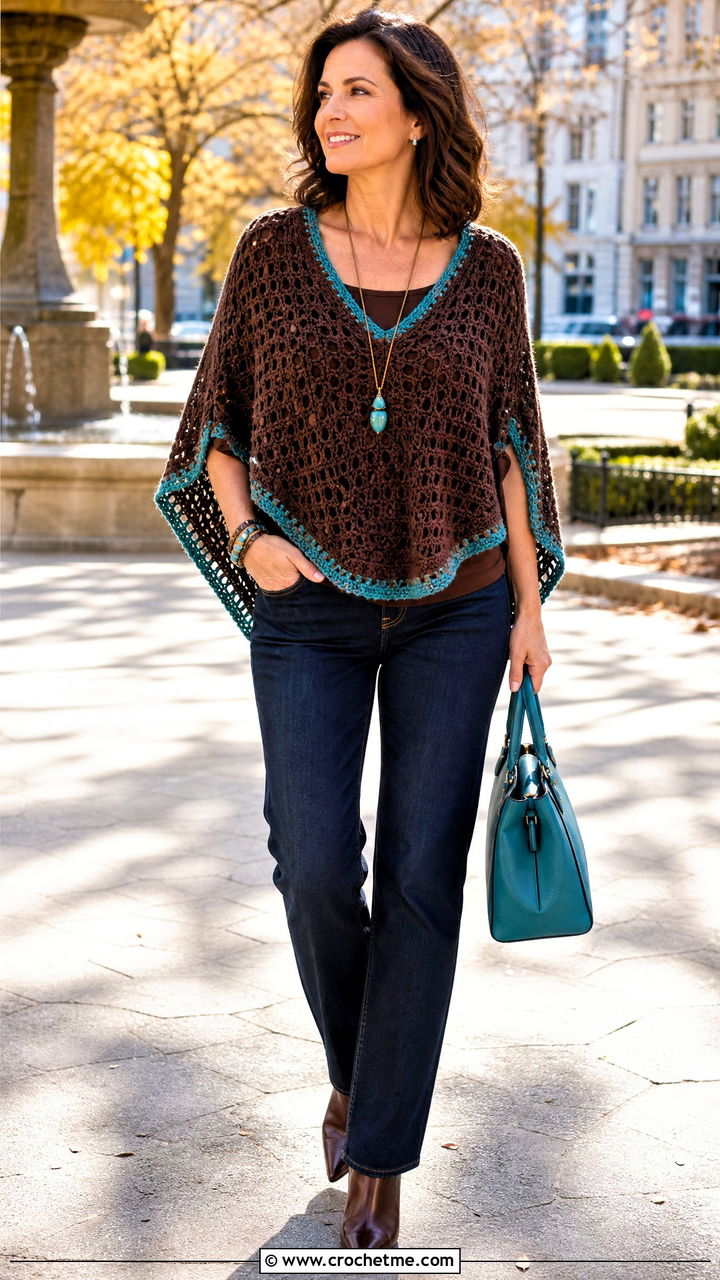 Brown Crochet Poncho Top With Straight Jeans - 35 crochet brown top outfit ideas