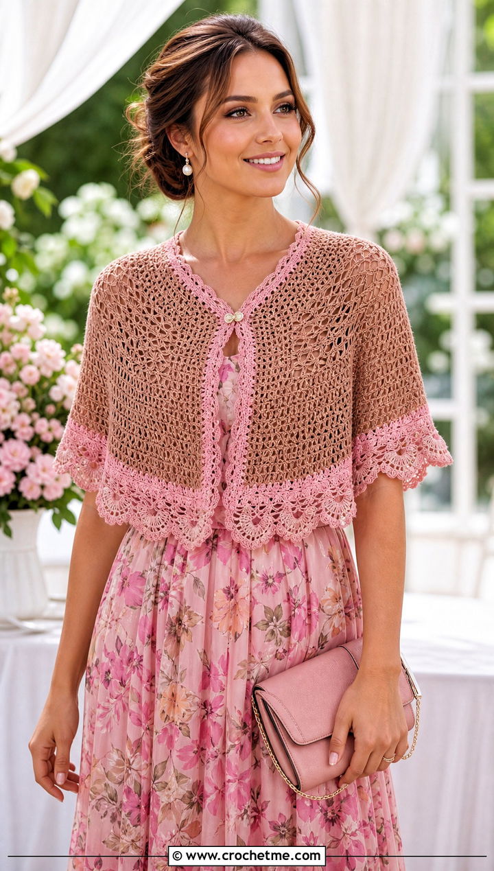 Brown Crochet Shawlette With Floral Midi Dress - 15 Brown Crochet Shawl outfit ideas