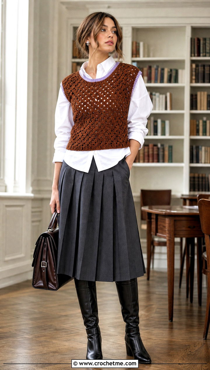 Brown Crochet Sweater Vest With Poplin Shirt And Pleated Skirt - 15 brown crochet sweater outfit ideas