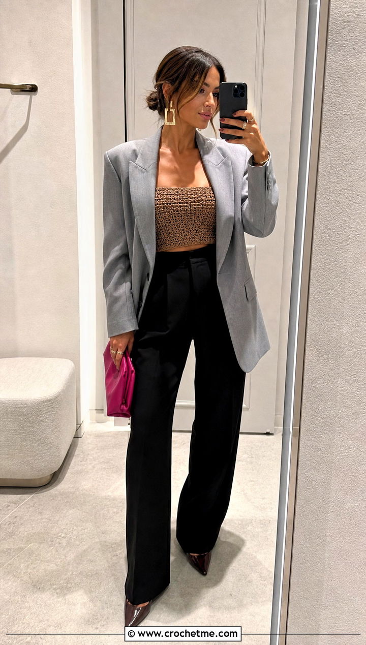 Brown Crochet Tube Top With Oversized Blazer - 15 brown crochet top outfit ideas