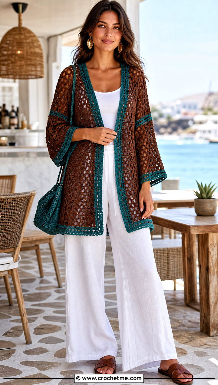 Brown Crochet Tunic Cover Up With White Linen Pants - 25 brown crochet cover up outfit ideas
