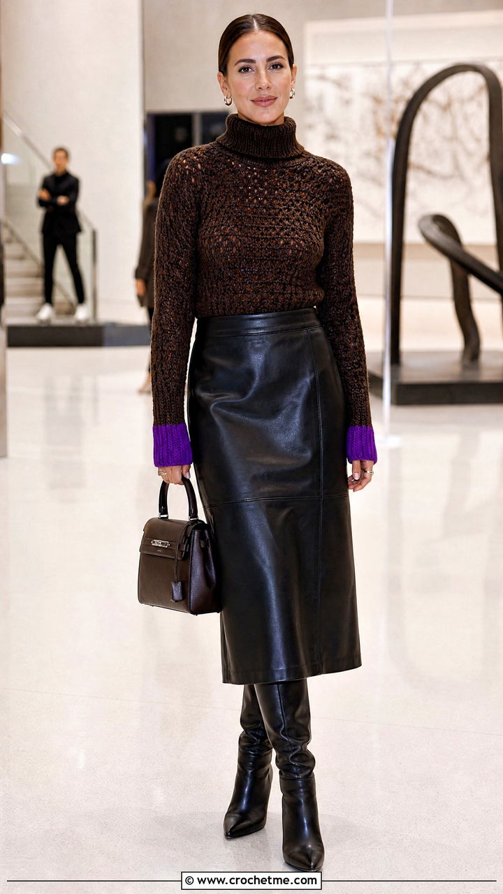 Brown Crochet Turtleneck Sweater With Leather Midi Skirt - 35 crochet brown sweater outfit ideas
