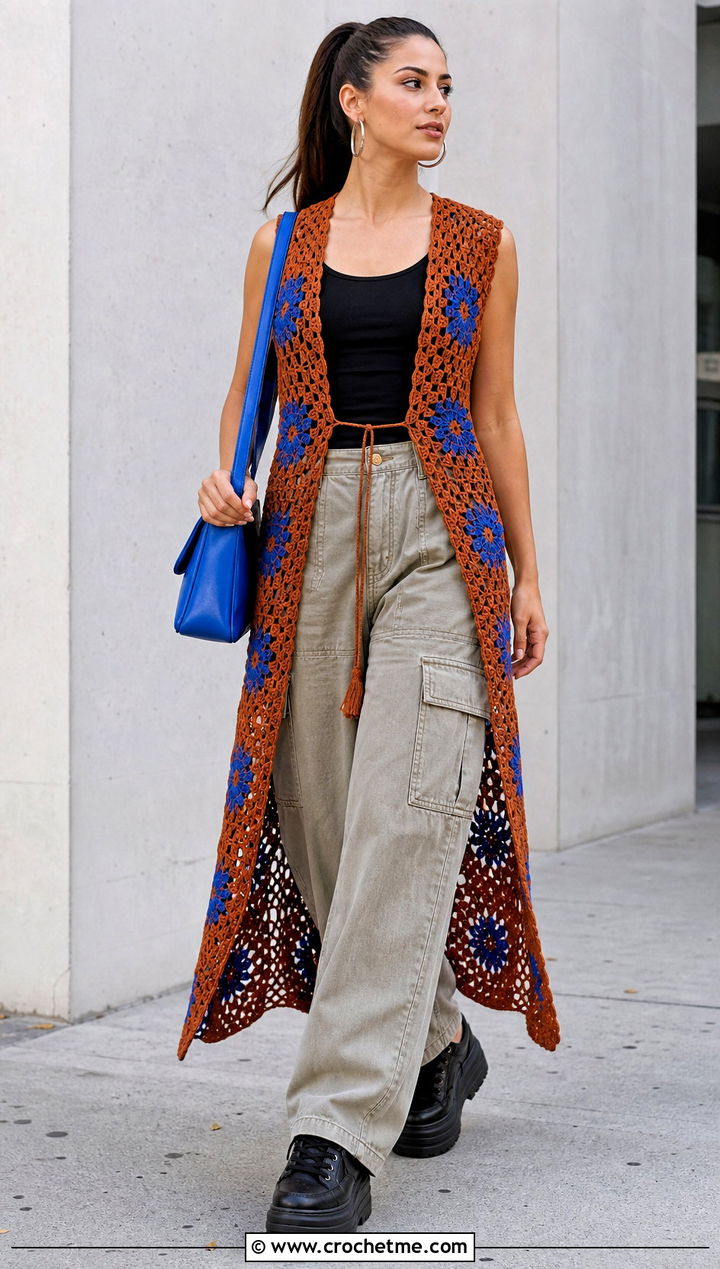 Brown Crochet Vest Cover Up With Cargo Pants - 25 brown crochet cover up outfit ideas