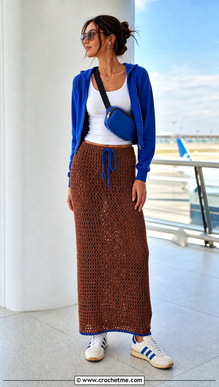 Brown Drawstring Crochet Maxi Skirt With Zip Up Hoodie - 25 Brown Crochet Maxi Skirt outfit ideas