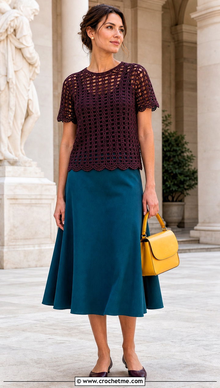 Brown Filet Crochet Blouse With A Line Midi Skirt - 15 brown crochet top outfit ideas