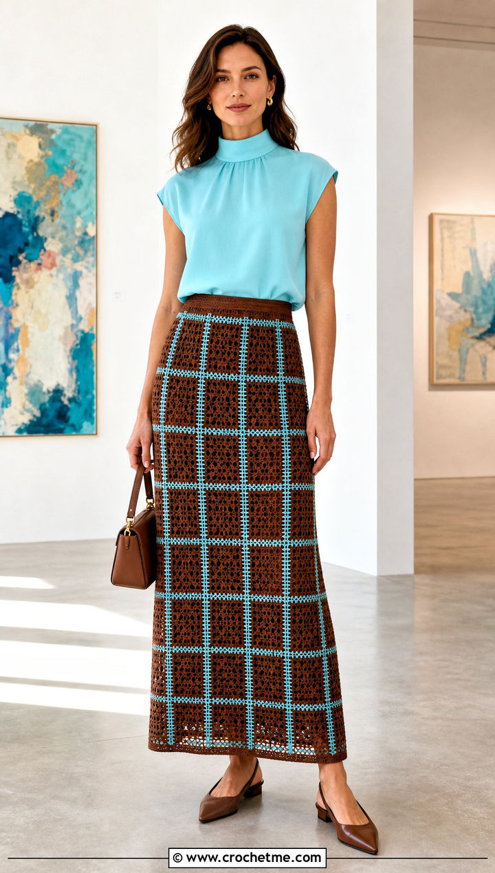 Brown Filet Crochet Maxi Skirt With Blouse - 25 Brown Crochet Maxi Skirt outfit ideas