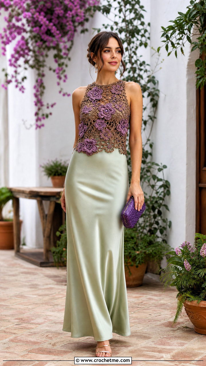 Brown Floral Applique Crochet Top With Satin Maxi Skirt - 35 crochet brown top outfit ideas