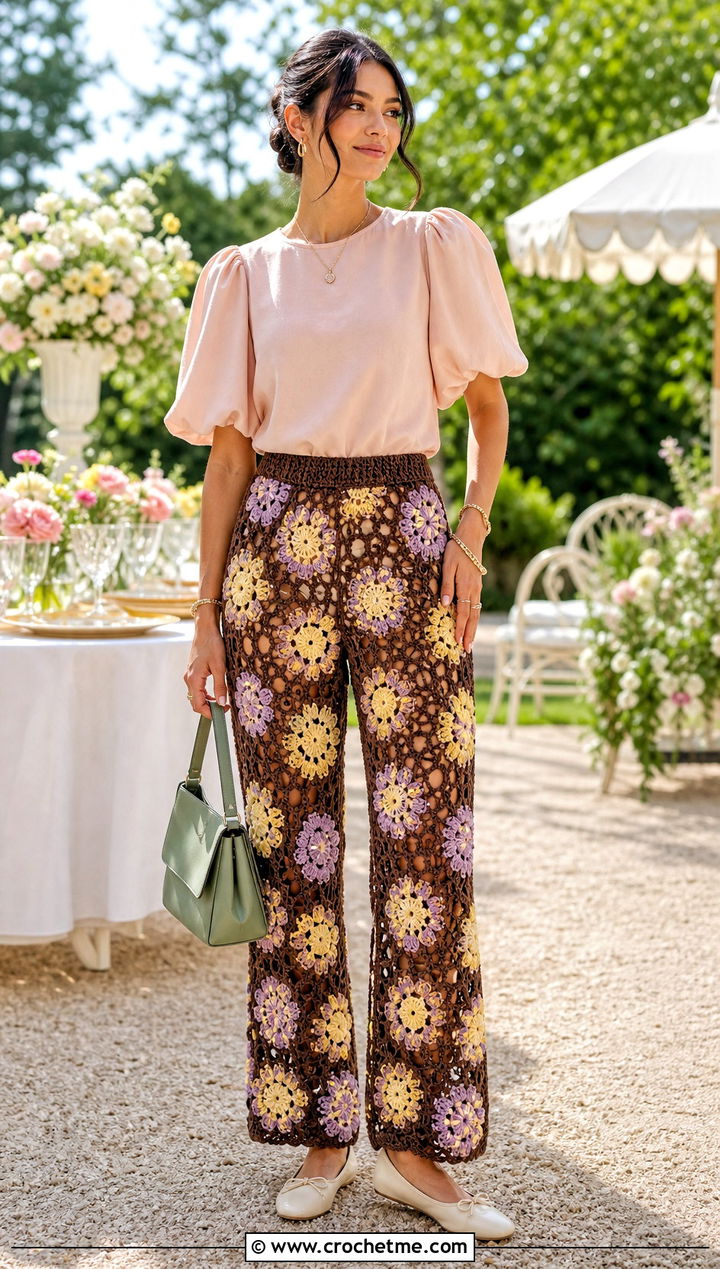 Brown Floral Crochet Pants With Puff Sleeve Top - 30 brown crochet pants outfit ideas