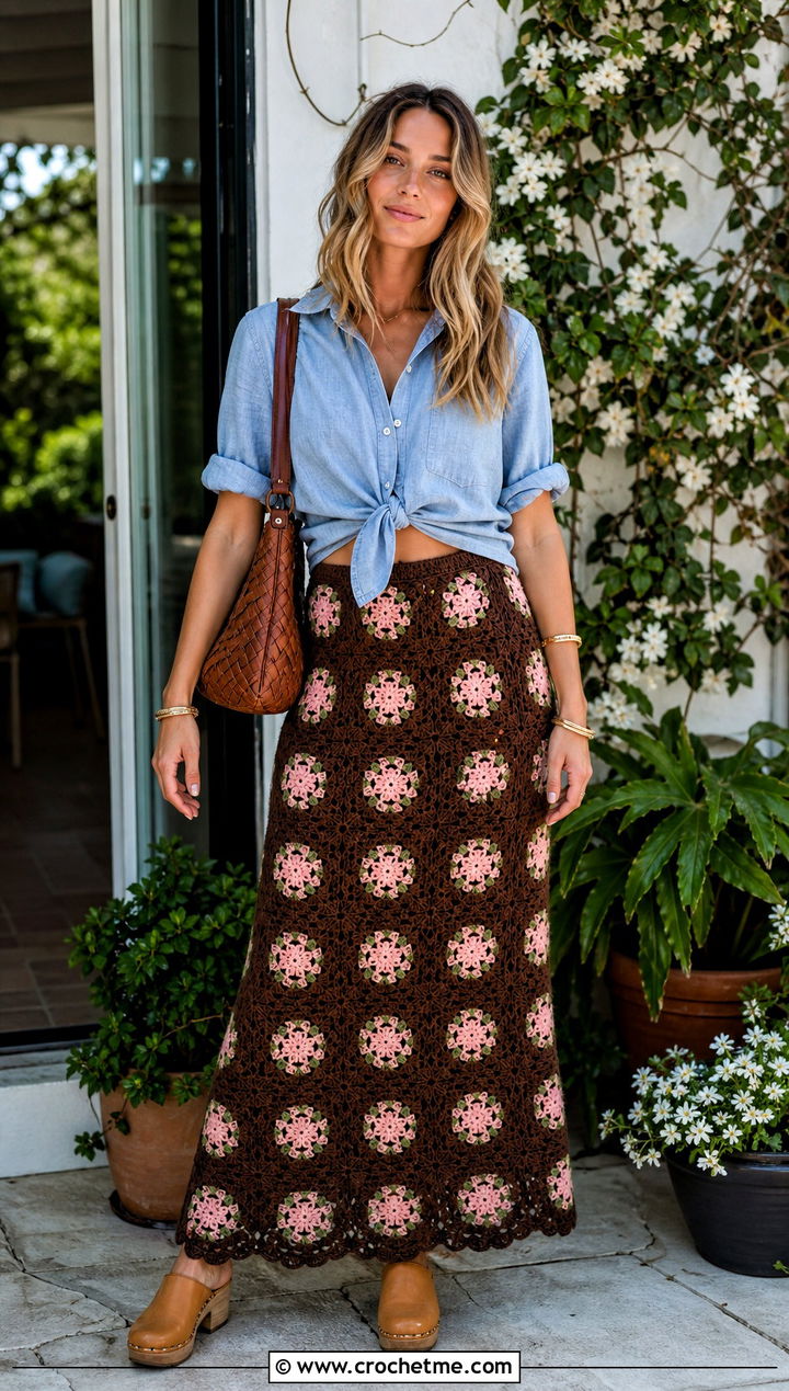 Brown Floral Motif Crochet Maxi Skirt With Denim Shirt - 25 Brown Crochet Maxi Skirt outfit ideas