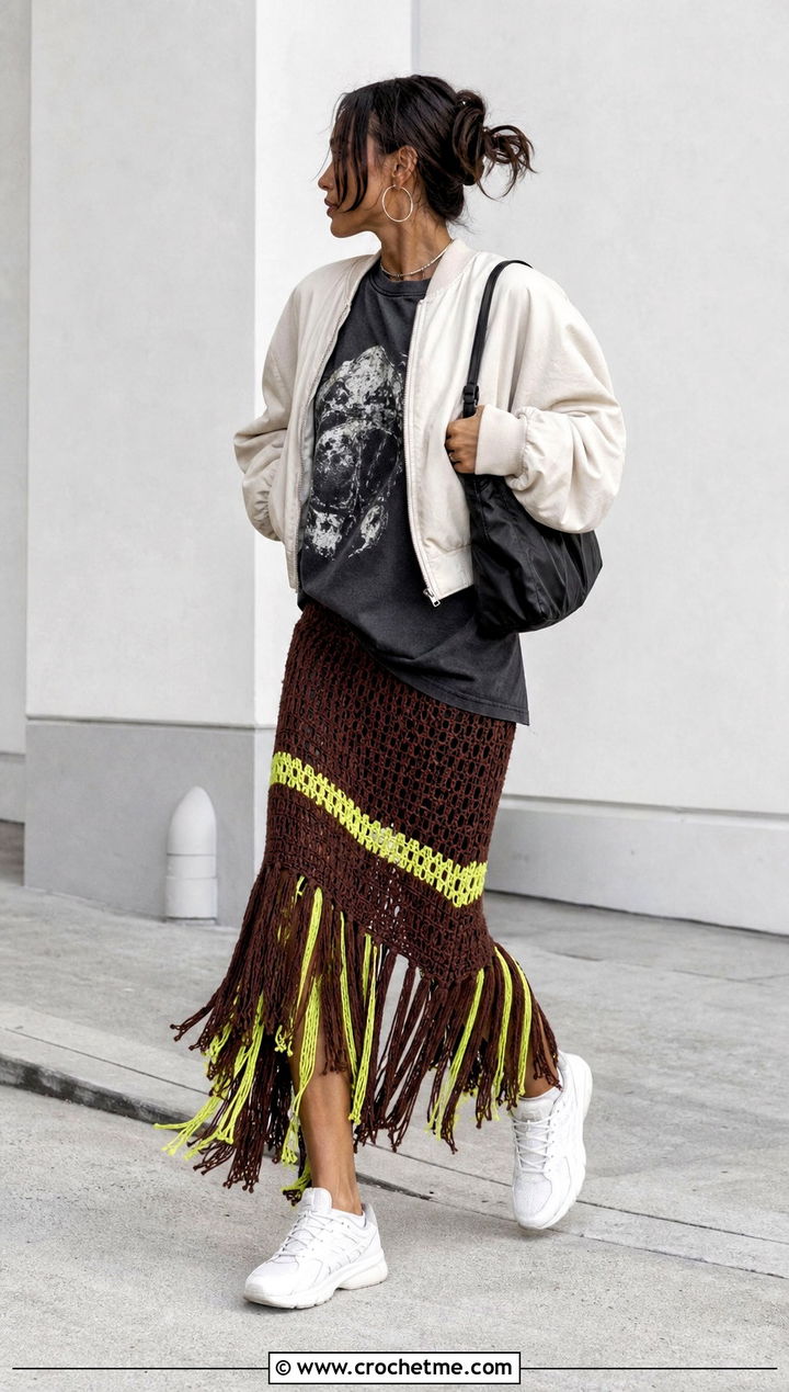 Brown Fringe Hem Crochet Maxi Skirt With Graphic Tee - 25 Brown Crochet Maxi Skirt outfit ideas