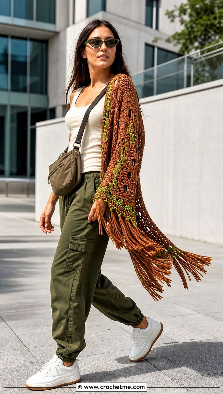 Brown Fringed Crochet Shawl With Cargo Pants And Sneakers - 15 Brown Crochet Shawl outfit ideas