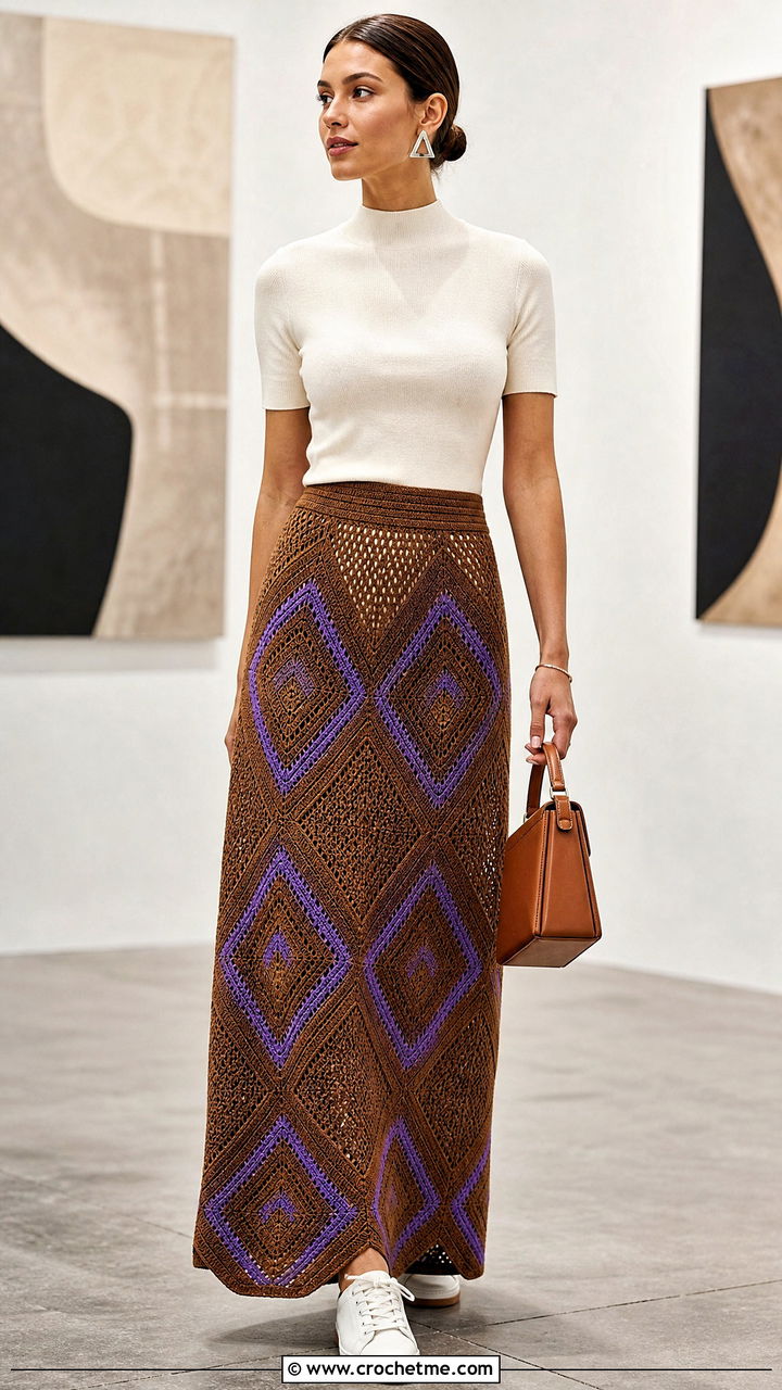 Brown Geometric Crochet Maxi Skirt With Mock Neck Top - 35 brown crochet skirt outfit ideas