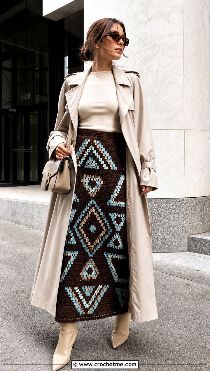 Brown Geometric Crochet Maxi Skirt With Trench Coat - 25 Brown Crochet Maxi Skirt outfit ideas