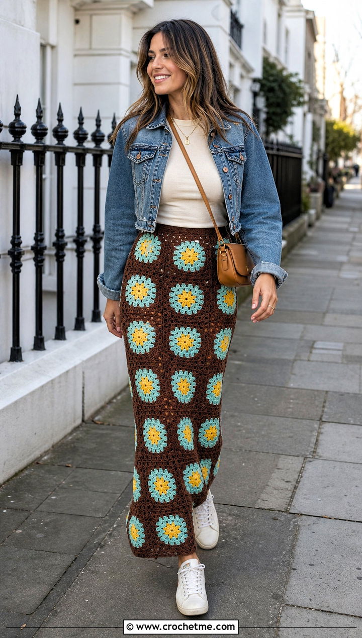 Brown Granny Square Crochet Maxi Skirt With Denim Jacket - 25 Brown Crochet Maxi Skirt outfit ideas