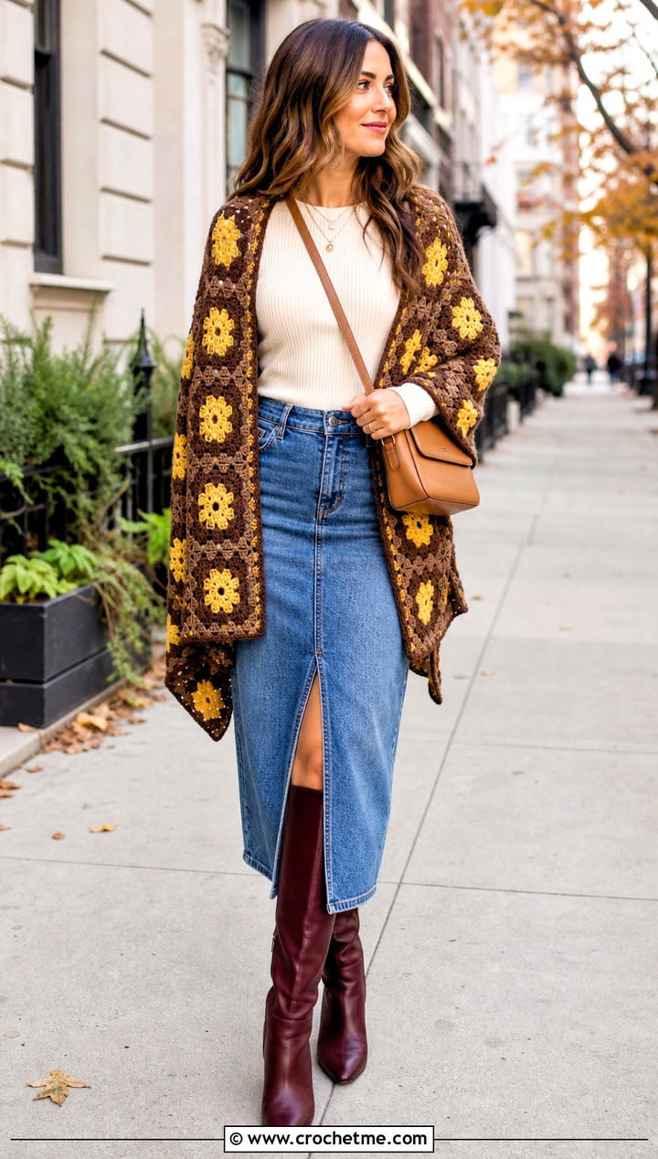 Brown Granny Square Crochet Shawl With Denim Midi Skirt - 15 Brown Crochet Shawl outfit ideas
