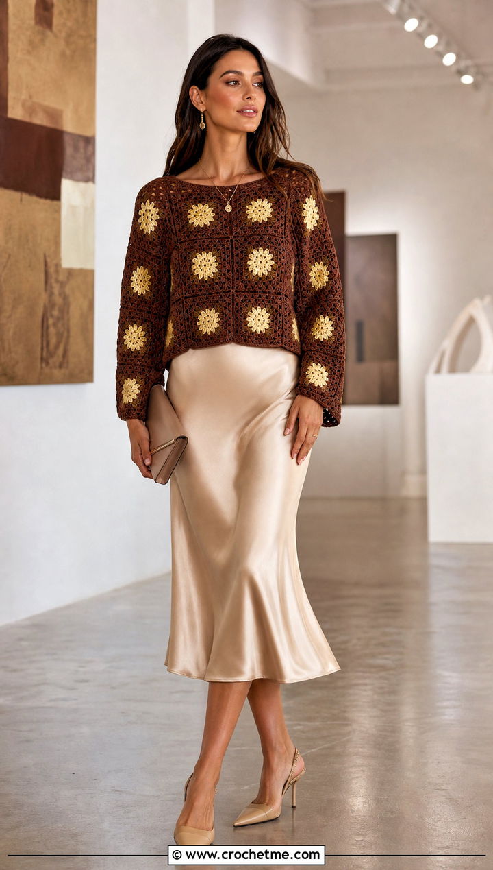Brown Granny Square Crochet Sweater With Satin Midi Skirt - 15 brown crochet sweater outfit ideas