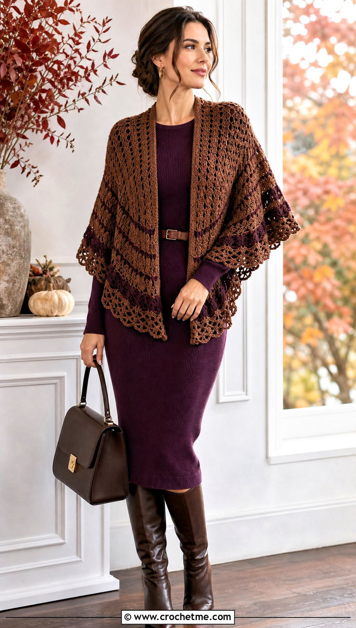 Brown Half Circle Crochet Shawl With Knit Dress And Boots - 15 Brown Crochet Shawl outfit ideas