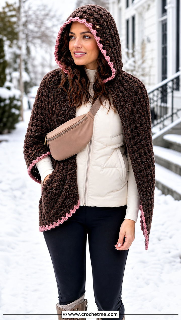 Brown Hooded Crochet Shawl With Puffer Vest And Leggings - 15 Brown Crochet Shawl outfit ideas