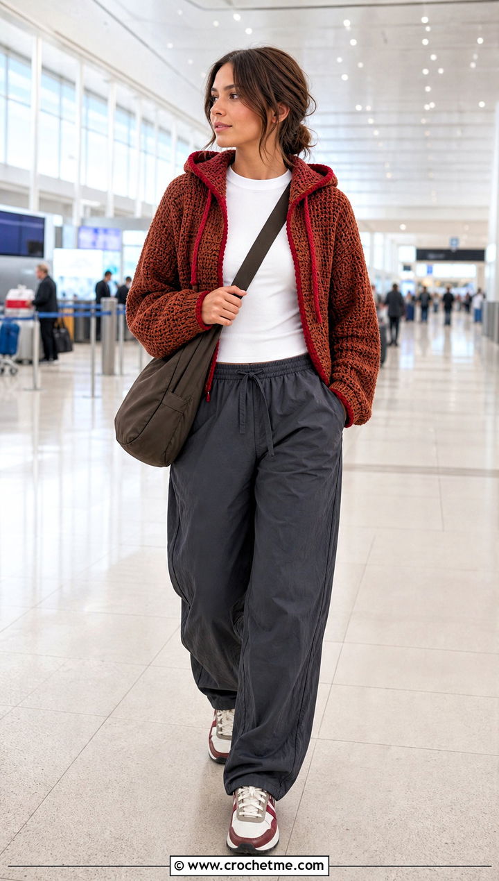 Brown Hooded Crochet Sweater With Parachute Pants - 15 brown crochet sweater outfit ideas
