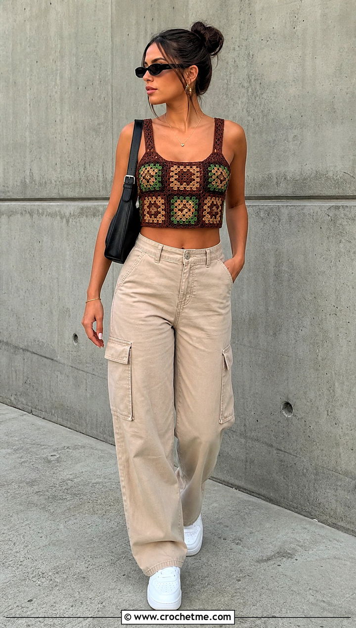 Brown Lace Crochet Granny Square Crop Top With Cargo Pants - 15 Brown Lace Crochet Top outfit ideas