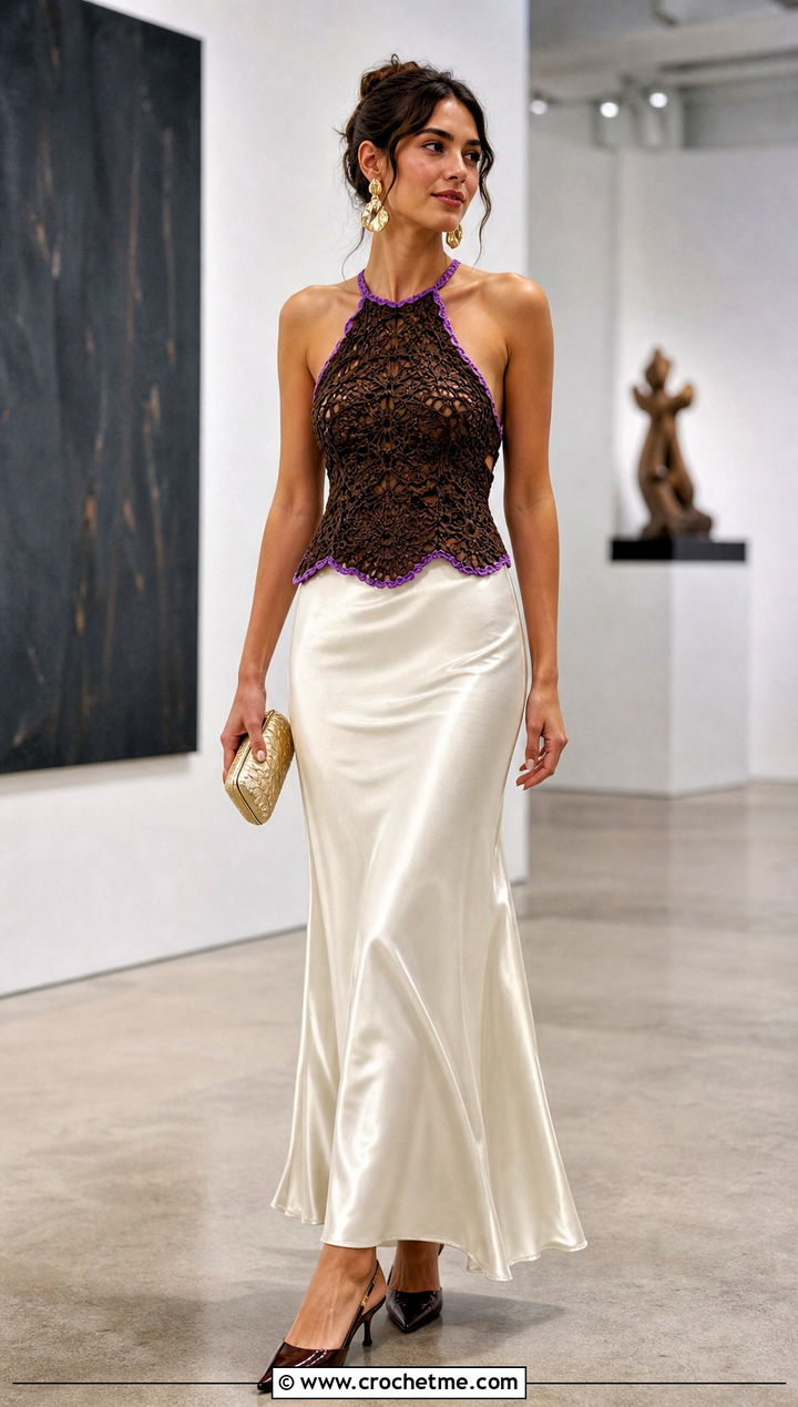 Brown Lace Crochet Halter Top With Satin Maxi Skirt - 15 Brown Lace Crochet Top outfit ideas